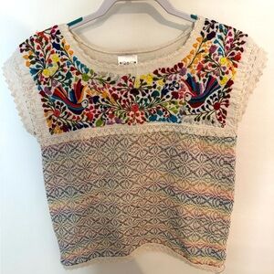 Solei  Short Sleeve Embroidered Rainbow Crochet Blouse Shirt Women’s Sz S/M Boho